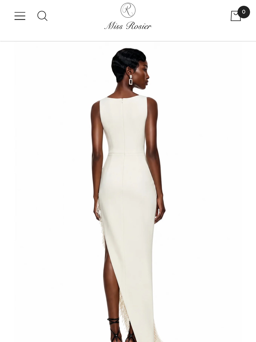 Miss Rosier Cream High-Low Feather-Trim V-Neck Dress — image 2 of 4